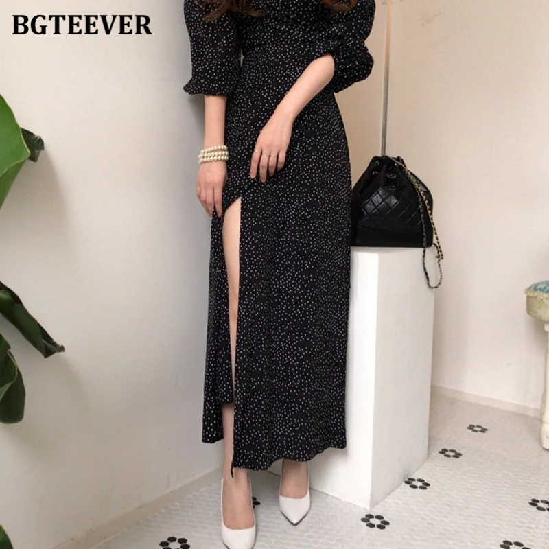 BGTEEVER Elegant Lace-up Women Slim Waist Bodycon Dress 2021 Spring Fashion V-neck Puff Sleeve Polka Dots Female Dress Vestidos