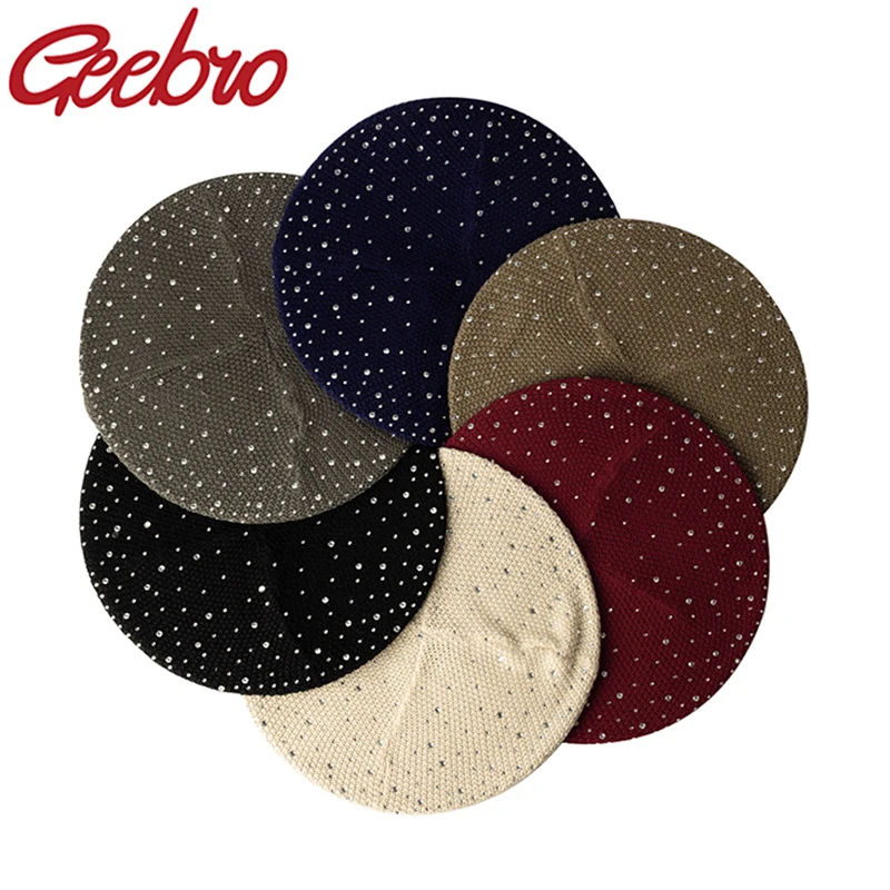 Geebro Women Casual Beret Hat Winter and Autumn Spring Rhinestone Knitted Feminina Beret Cap Painter Style Solid Color Bonnet