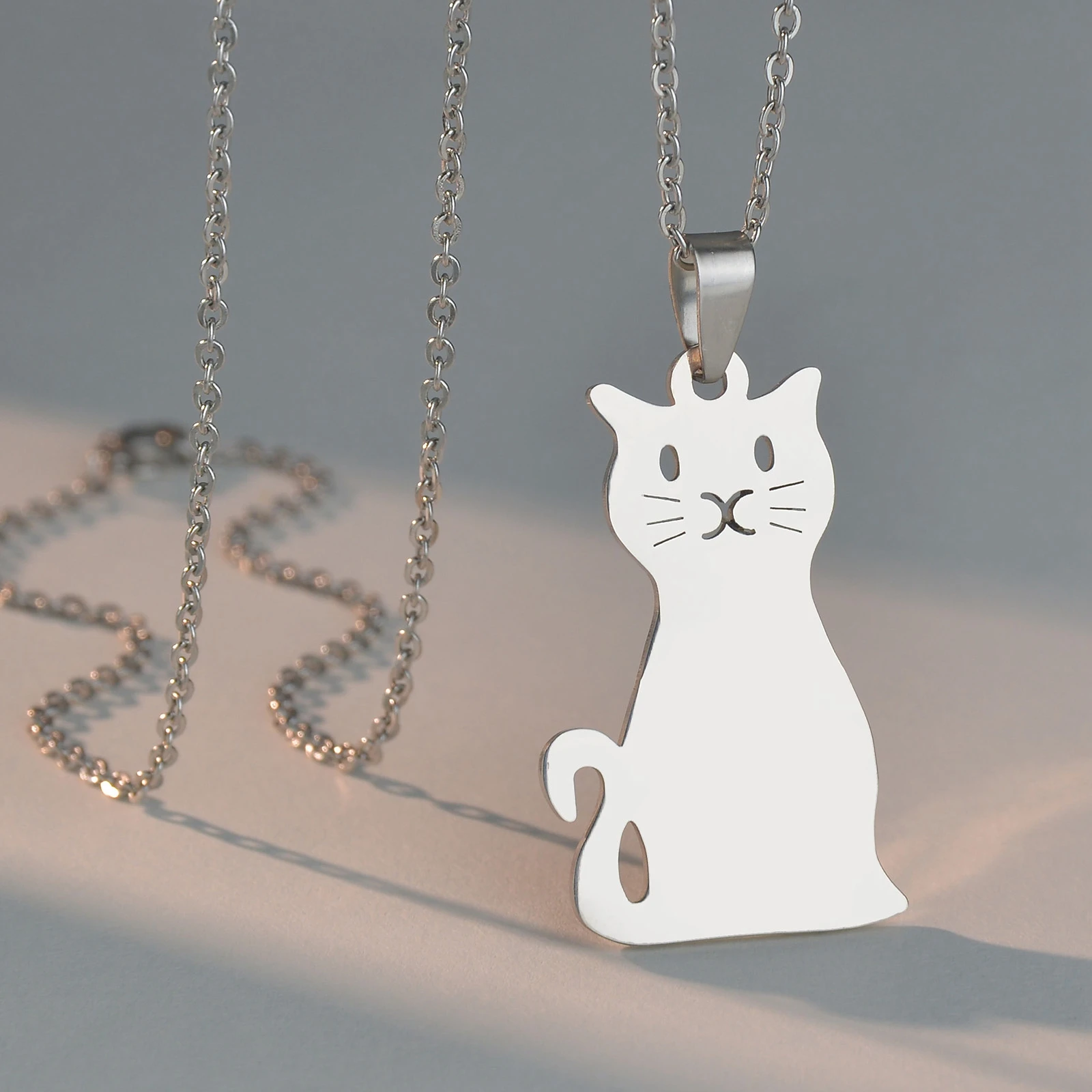 Lovely Animal Silver Color Cat Stainless Steel Necklace Pendant Long Chain Necklace for Men Women Lovers Friendship Jewelry Gift