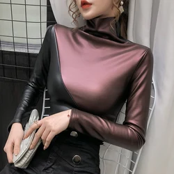 Otoño talla grande mujer blusa moda Patchwork colores cuello alto jerseys camisa de fondo terciopelo suave PU cuero blusas Tops