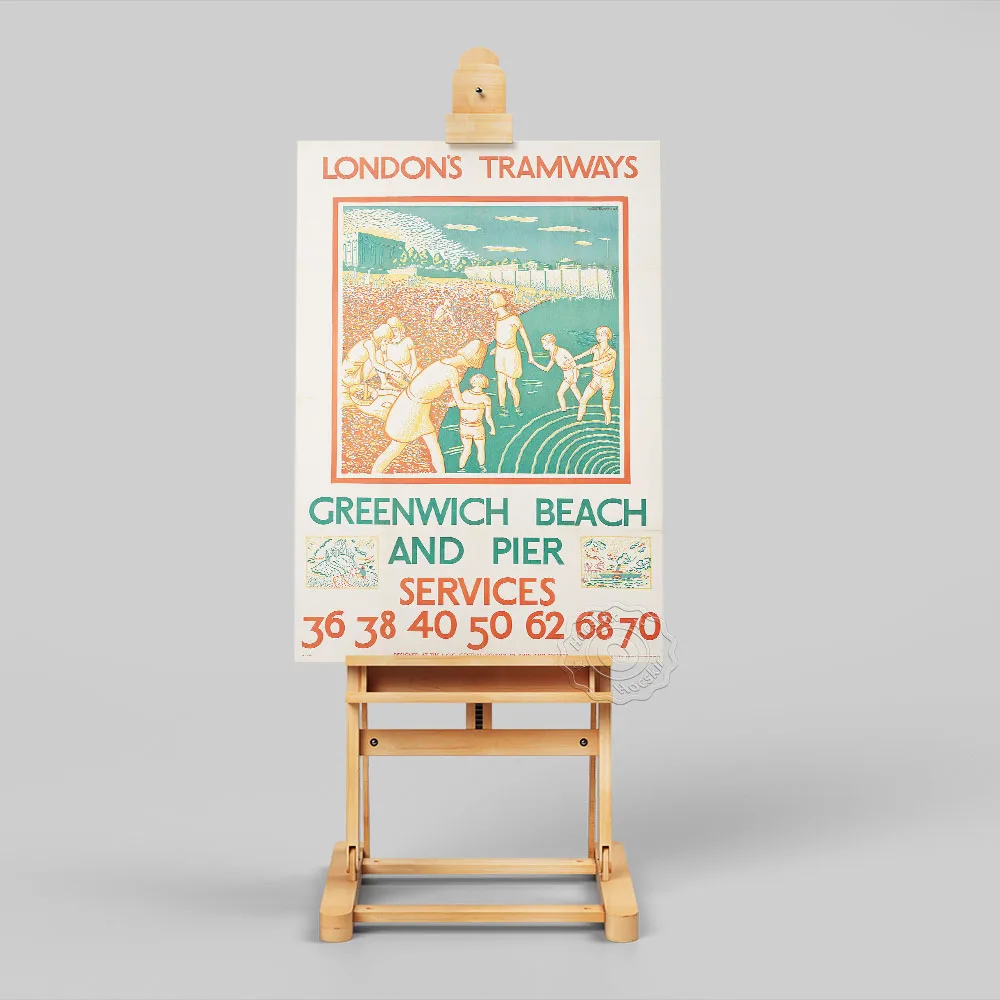 London’S Tramways Greenwich Beach Poster, Vintage Travel Painting, London England Red Green Still Life Wall Picture, Tour Gift