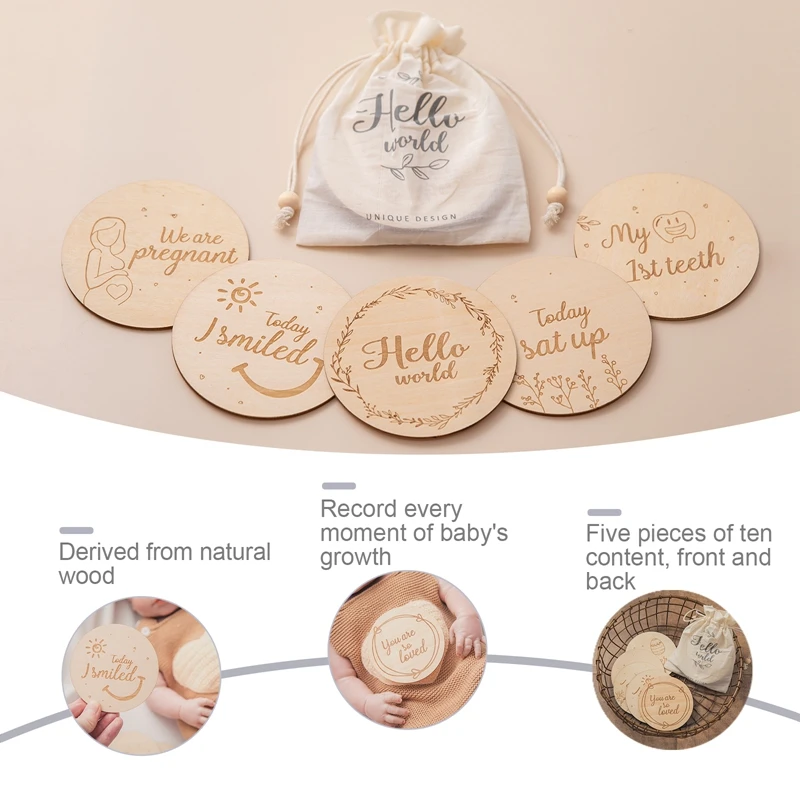 5pcs Baby Milestone Cards Double Sided Wooden Birth Milestone Photo Props Birth Monthly Recording Cards Newborn Birthday Gifts