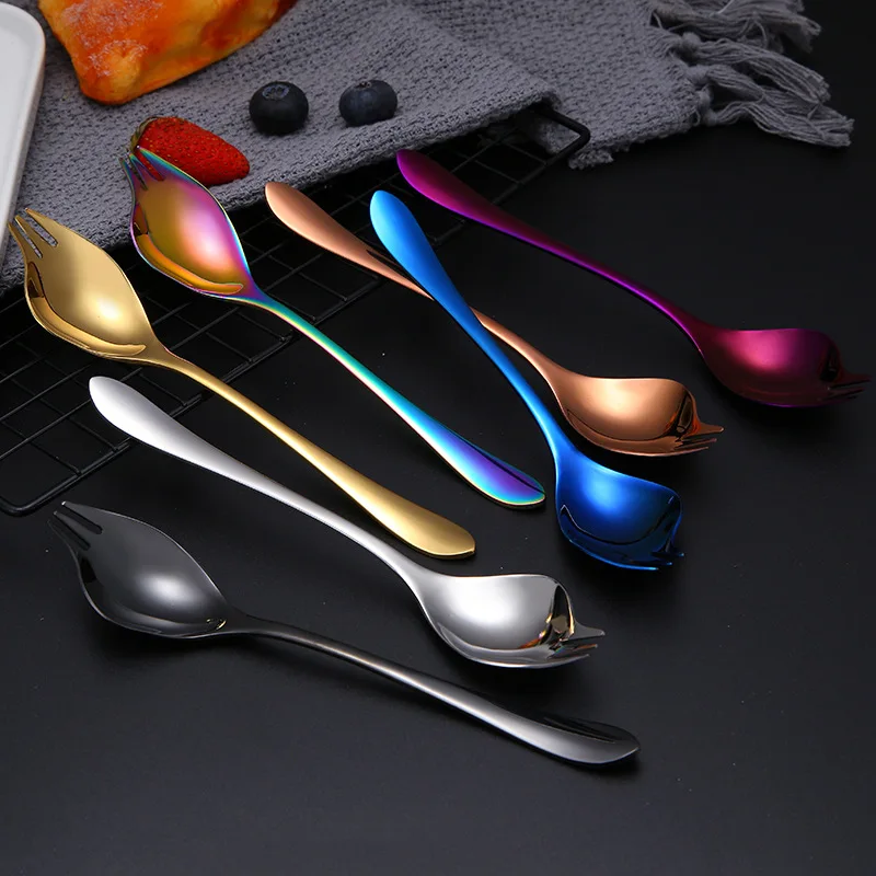 2 In 1 304 Stainless Steel Fruit Salad Fork Spoon Long Handle Portable Tableware Multifunctional Scoop Kitchen Accessories