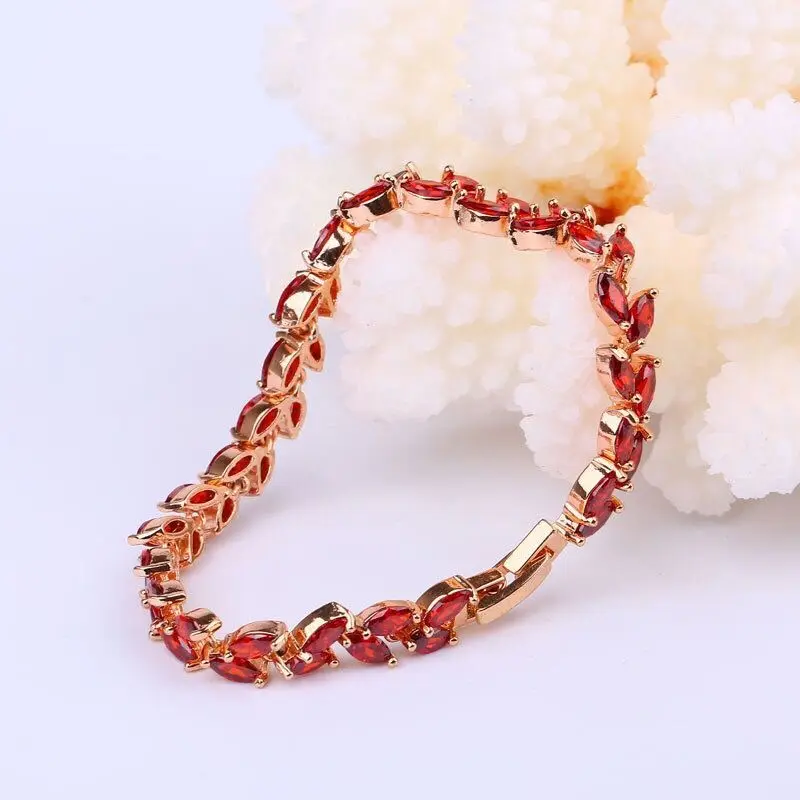 MxGxFam Rose Gold Color Full CZ Red Olive Leaves Bracelets For Women 17  cm / 19 cm AAA+ Cubic Zircon