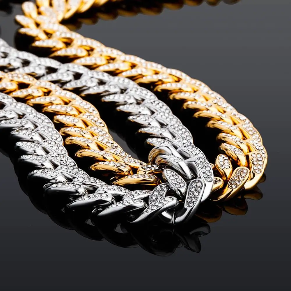 GUCY Iced Cubic Zirconina Cuban Chain Necklace Men's Hip Hop Jewelry Stainless Steel Bling High Quality Miami  Necklace