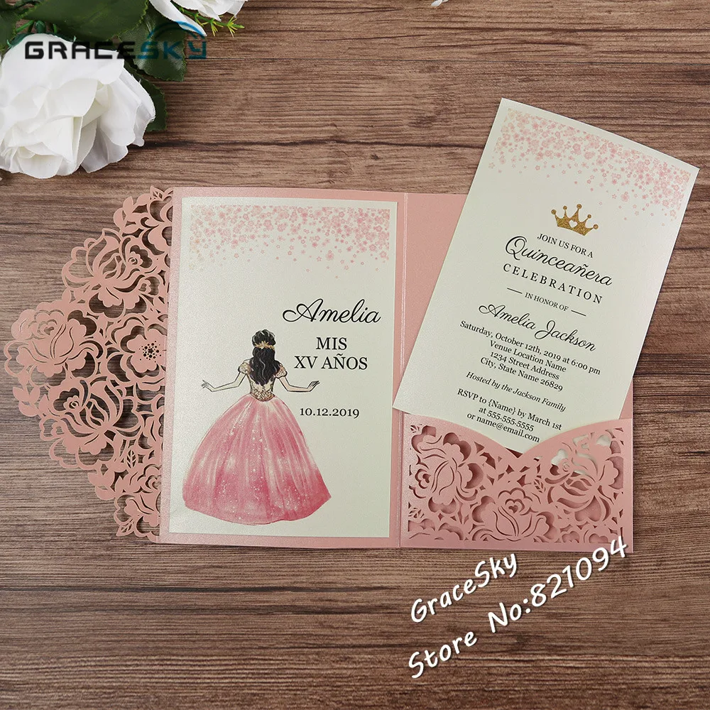 

50pcs free shipping New Laser cut rose invitation pocket card wedding invitations Cards,customized wedding invitations rsvp card