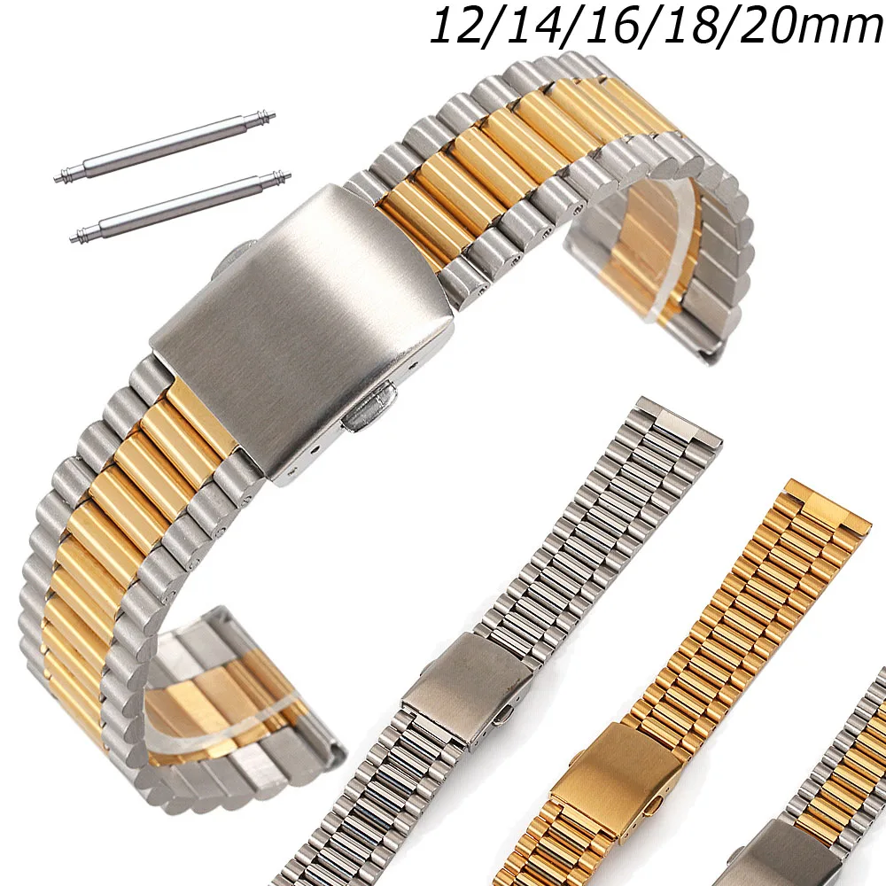 Watch Band 12mm 14mm 16mm 18mm 20mm Stainless steel watch Strap Slim Link 3Rows Replacement Watch Belt Bracelet WristBand w Pins