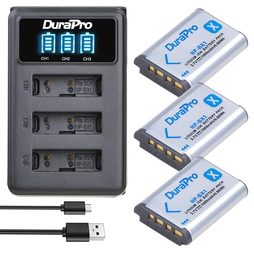 DuraPro 1860mAH NP-BX1 NPBX1 Battery+LED 3 Slots Charger For Sony ZV-1 FDR x3000 HDR as300 DSC rx100 iii DSC RX1 RX100iii