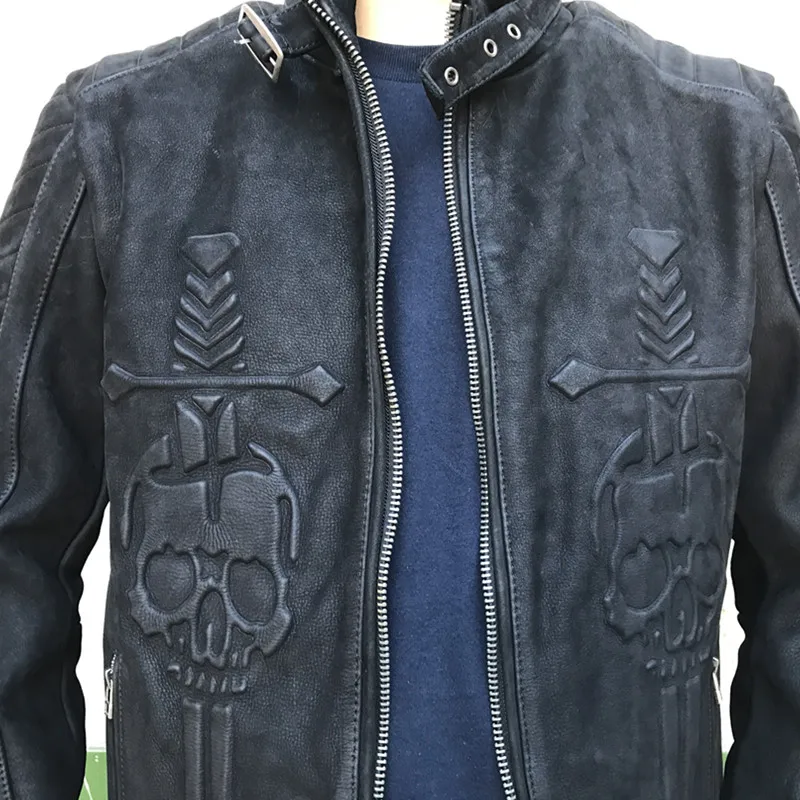 Vintage Black Autumn Skulls Leather Jacket Men Stand Collar Plus Size 3XL Natural Cowhide Slim Fit Genuine Leather Coat