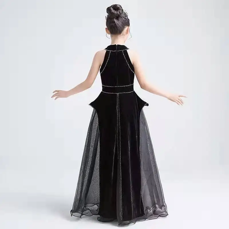 Meisjes Mouwloze Bloem Meisje Jurk Halter Black Velvet Wedding Party Pageant Maxi Jurk Dans Lgown