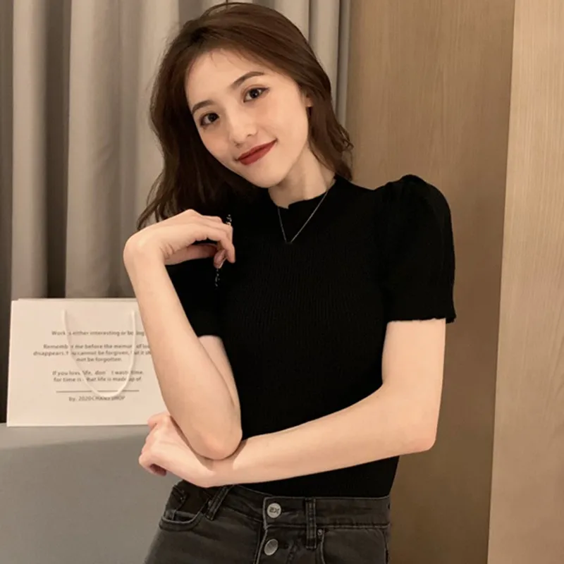 Women Slim Puff Sleeve Knitted T-Shirt Short Sleeve Solid Color Sexy Ladies Summer Tee Shirt Tops  .