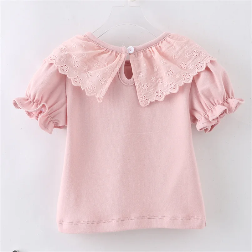 Kids White Shirts For Baby Girl Short Sleeve Ruffle Doll Collar Girls Blouses Summer Children School Clothes Toddler Lace Shirt