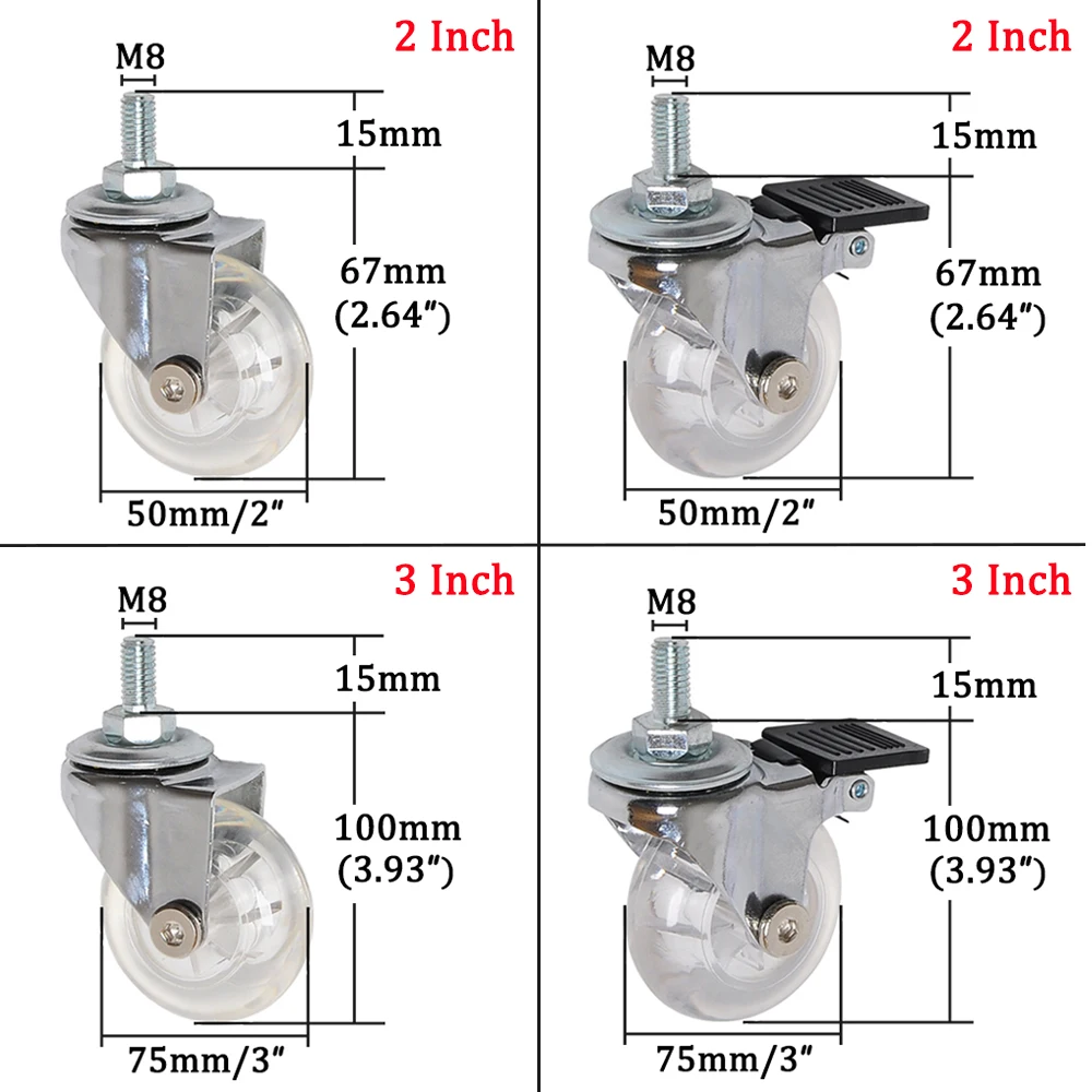 2/3 Inch Swivel Caster Wheels Heavy Duty Industrial Caster With M8 x 15mm Threaded Stem No Noise PU Wheels For Carts workbench