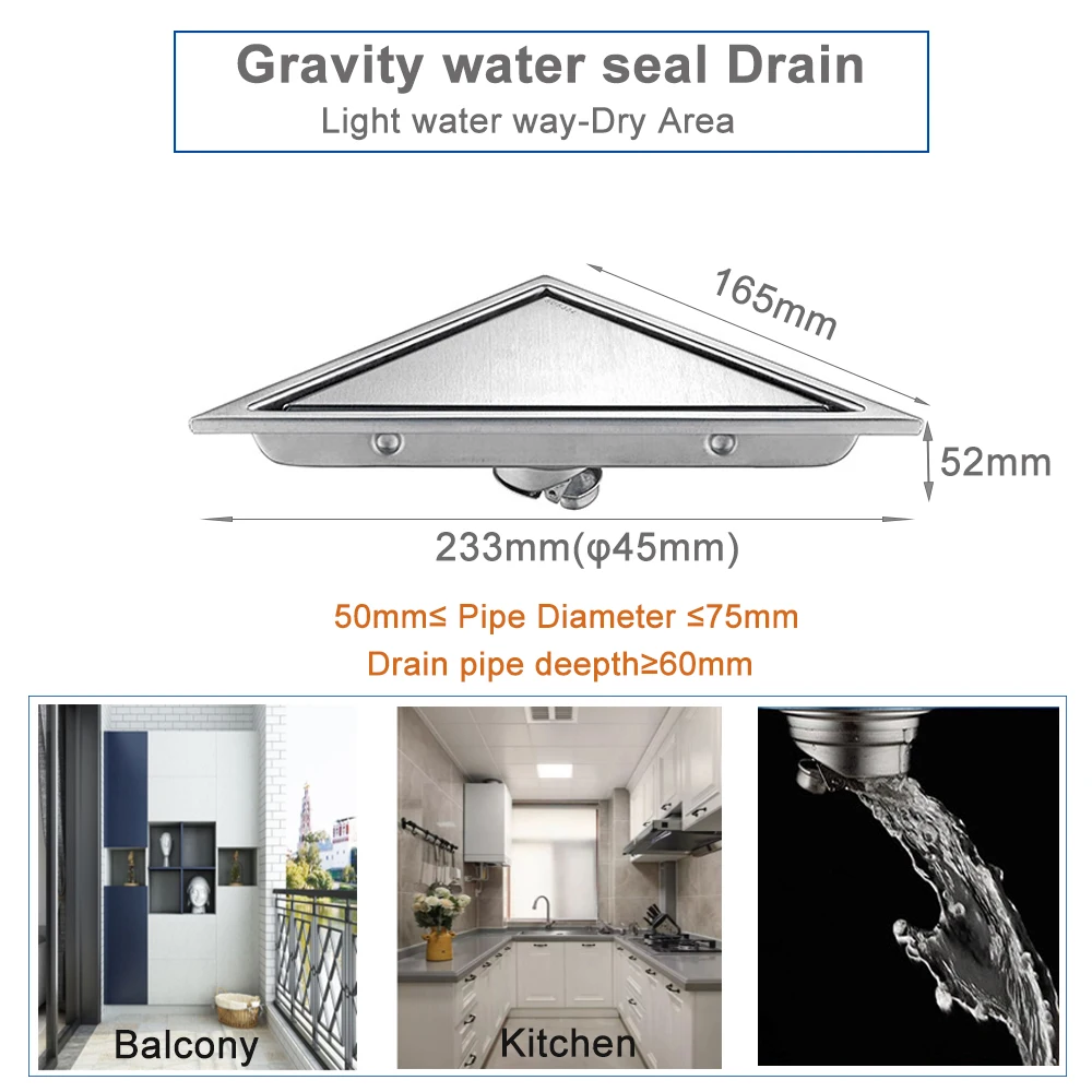 Triangle Floor Drains Invisible Bathroom Deodorant Conner Drain Tile Insert 304SS Cover For Shower Anti Backflow Anti Clogging