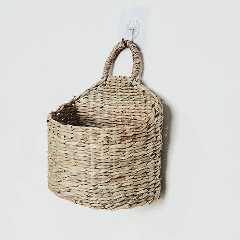 Wall Hanging Woven Basket Home Decor Rustic Straw Storage Basket Rattan Straw Woven Plant Holder House Storage Shelf