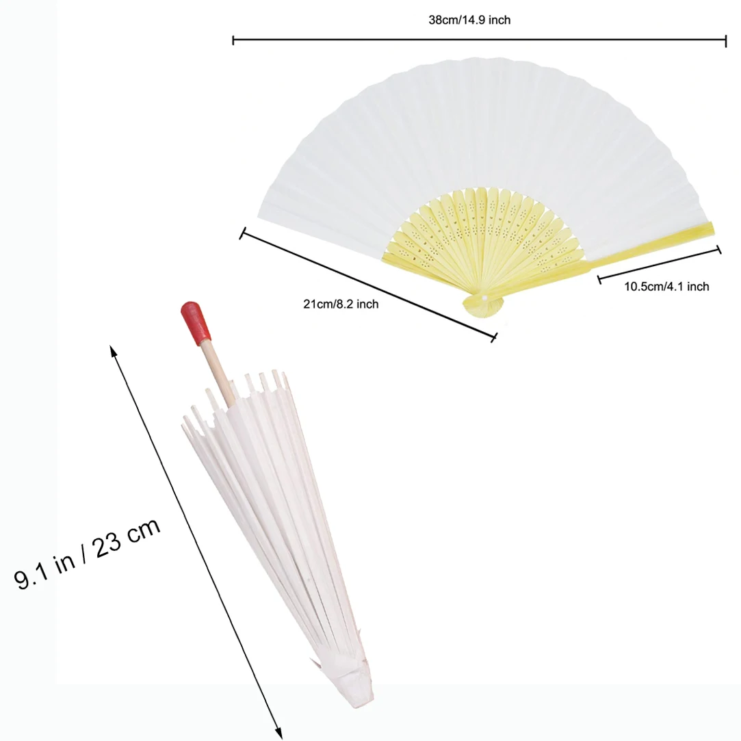 10 Pcs Paper Parasol Umbrella White and 10 Pcs Hand Fan White for DIY Craft Kits Decoration Decor for Home Wedding Gift Party