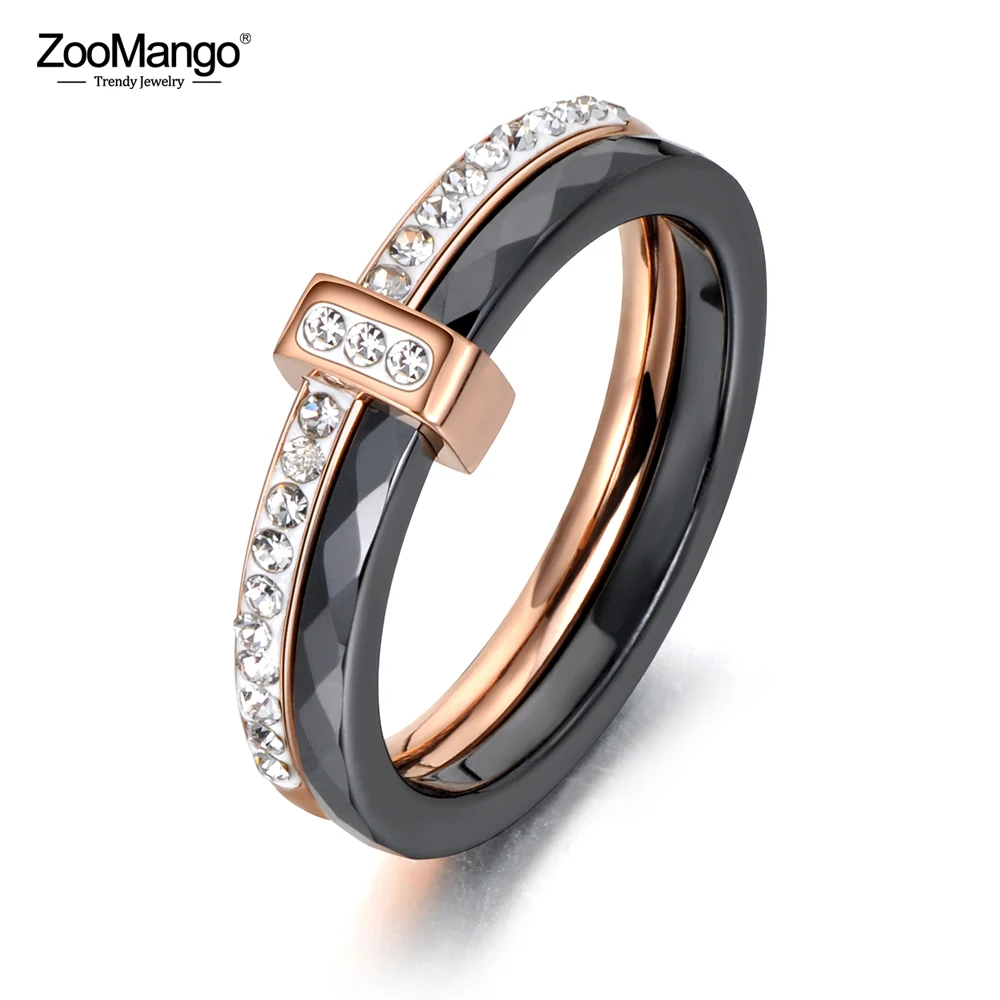 ZooMango 2 Layers Black/White Ceramic Crystal Wedding Rings For Women Girls Rose Gold Color Stainless Steel Engagement ZR18054