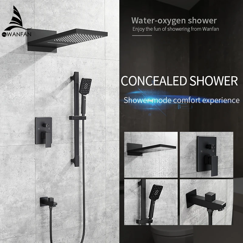 Shower Faucets Matte Black Wall Mount Bathroom Faucet Set Rainfall Square Big Shower Head Handheld Valve Bath Mixer Tap 877845