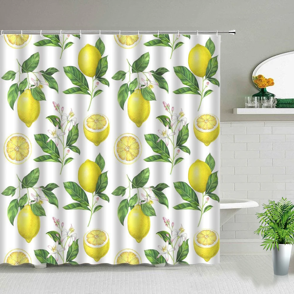 Black White Stripes Lemon Shower Curtains Exotic Yellow Orange Pineapple Flower Green Leave Summer Fruit Pattern Bathroom Screen