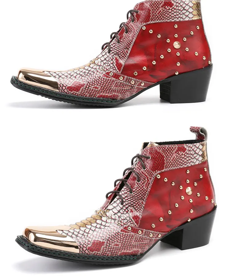 Men's Cowhide Serpentine Print Metal Decor Pointed Toe Belt High‑Heel Short Boots Western Cowboy Boots For Stage Show Party