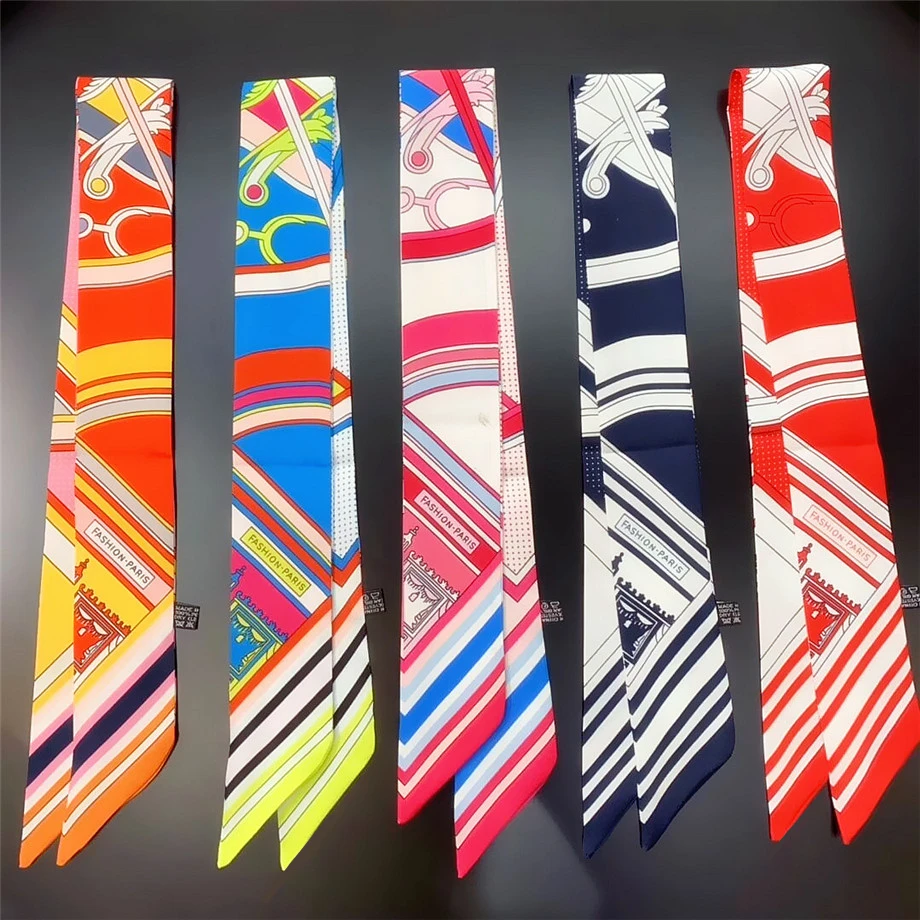 2024 New Design Stripe Luxury Brand Letter Skinny Scarf For Women Hair Neck Silk Scarf For Ladies Foulard Headband Bag Scarves