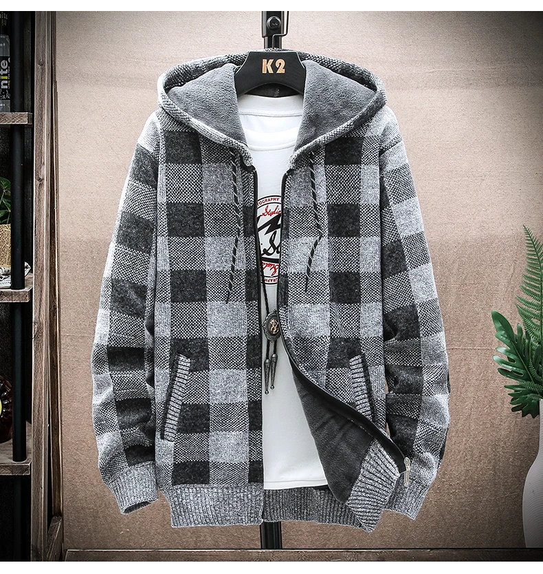 Männer Neue Winter Plaid Pullover Mit Kapuze Strickjacke Kalten Mantel Wolle Zipper Jacke Herbst Fleece Warme Kleidung Karierten Stricken Jumper – Detail 5