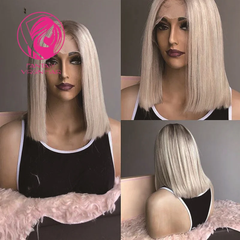 Glueless Human Hair Lace Wig 613 Blonde Grey Ombre Highlights Straight Short Bob Frontal Wigs 13x1 Chinese Virgin Hair 150%