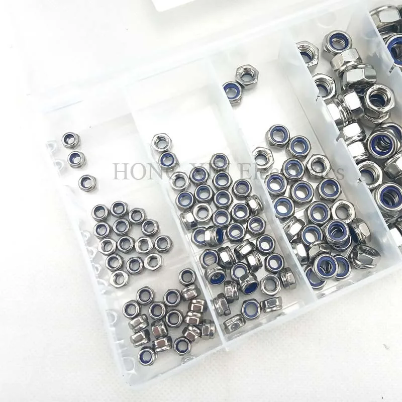 146pcs/set 304Stainless Steel Steel Nylon Lock Nut F-locking Hex Locknut Assortment Kit