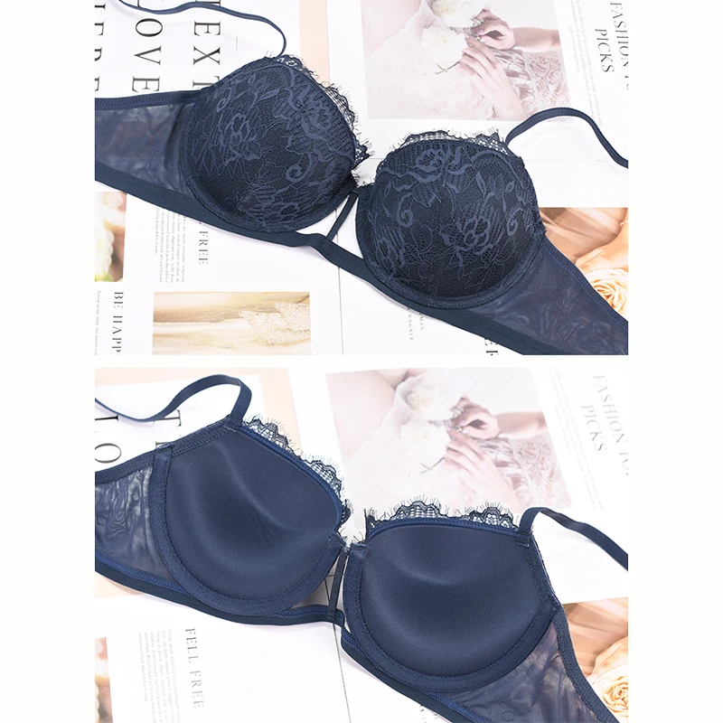 Hot Sexy Bras Women Underwear Set Cotton Thick Blue Embroidery Lingerie Set Lace B C D Cup Brassiere Comfortable Push-Up Bra Set