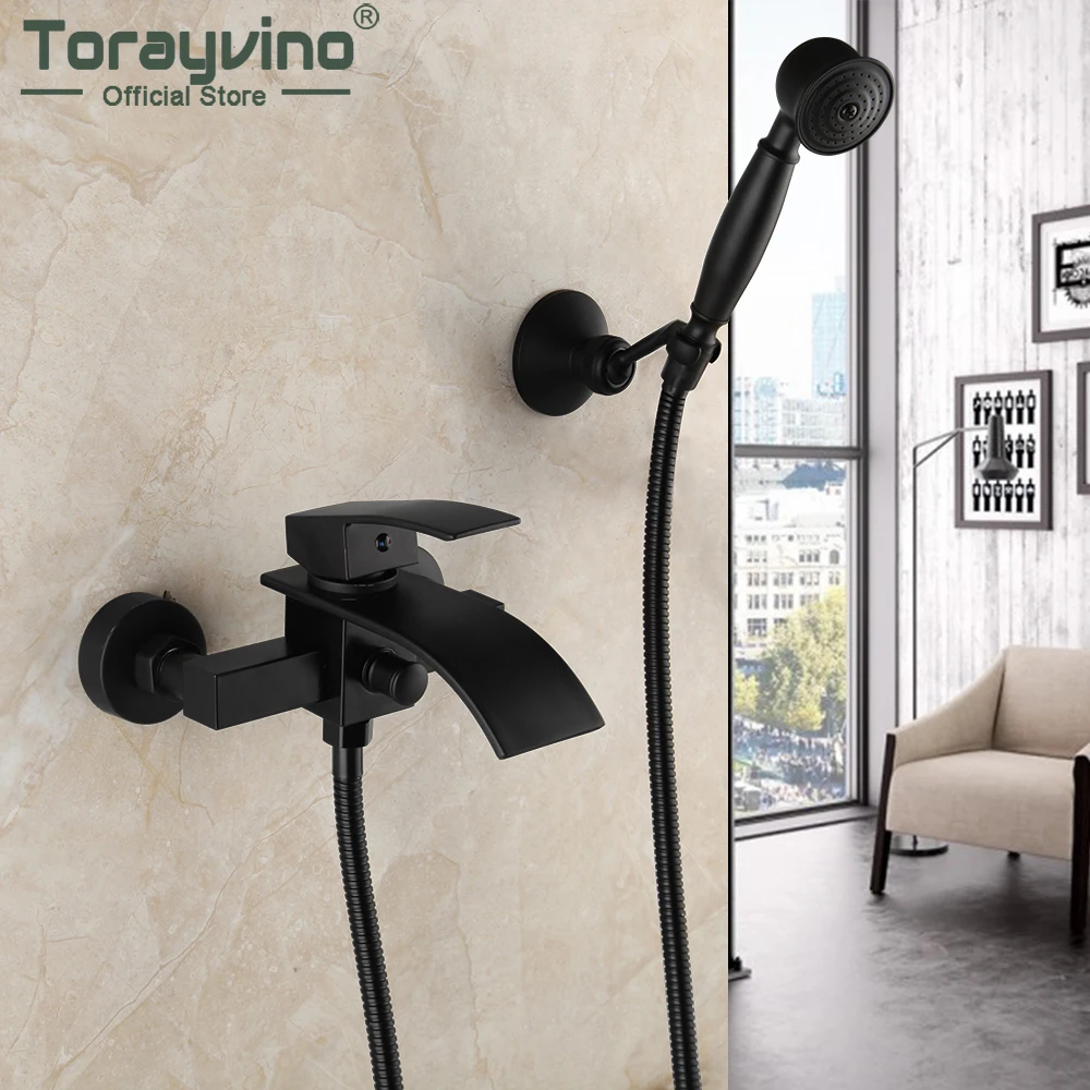 

Torayvino Bathroom Bathtub Matte Black Shower Faucet Set Waterfall Spout & Rainfall Shower Hand Spray Combo Kit Mixer Water Tap