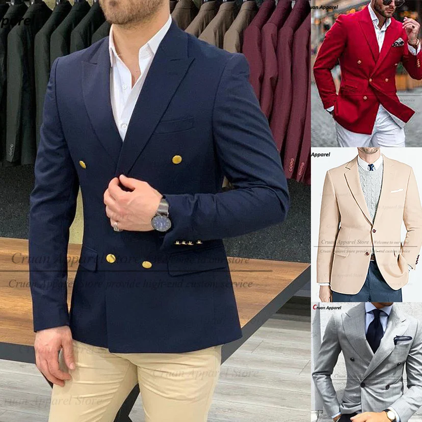 (One Blazer) Navy Blue Wedding Blazer Men Gentleman Suit Jacket Gold Buttons Casual Slim fit Double Breasted Business Male Coat