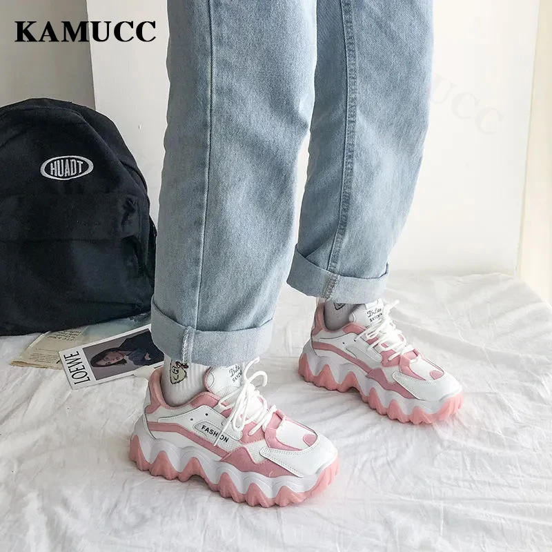KAMUCC Women Shoes New Chunky Sneakers For Women Lace-Up White Vulcanize Shoes Casual Fashion Dad Shoes Platform Sneakers