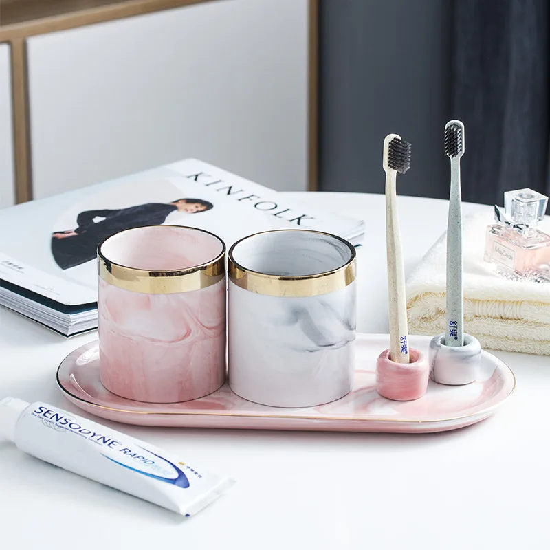 Glod Marble Makeup Brush Storage Holder Stand Dresser Cosmetic Desck Organizer Pen Pencil Ruler Holder Ceramic Tumbler Cup