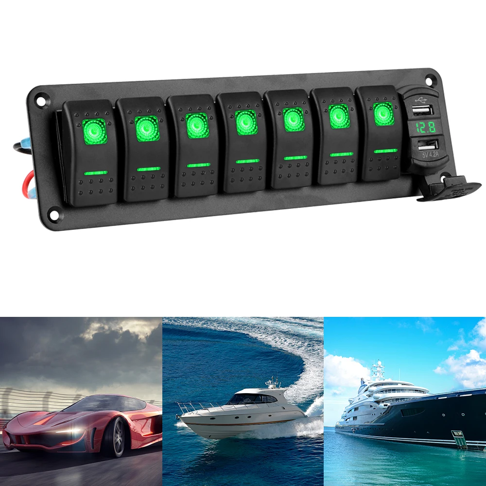 7 Gang Rocker Switch Panel DC 12V/24V Digital Voltmeter Car Truck Bus Ship Marine Circuit Breaker Dual USB Chargers