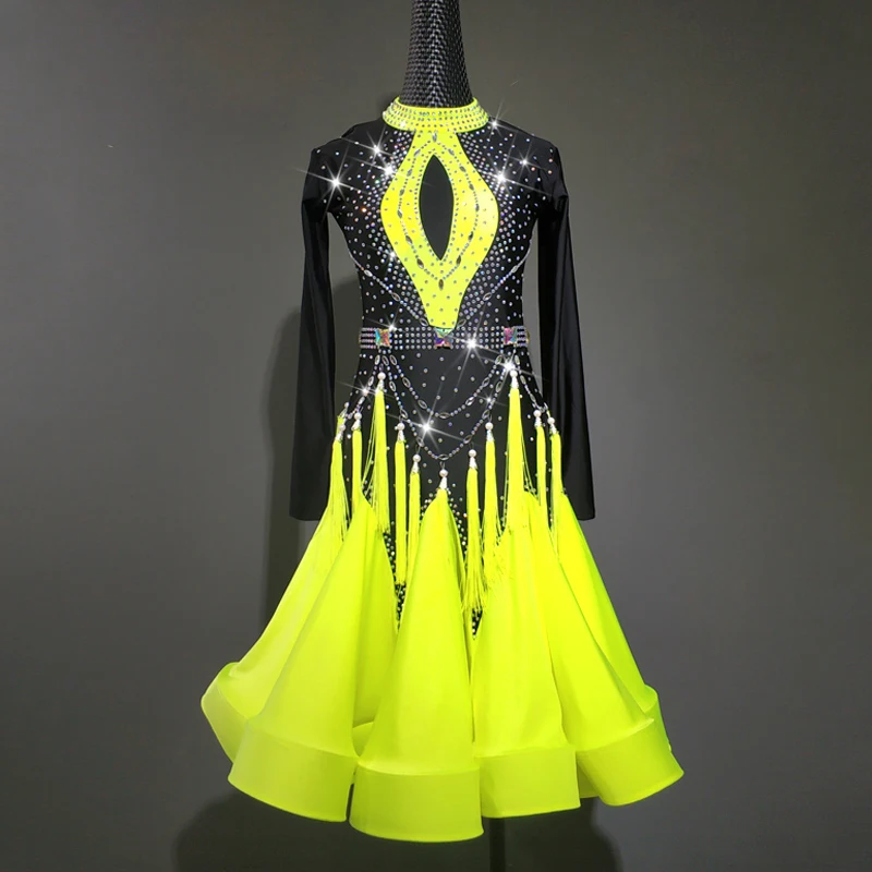 2021 Fluorescent Yellow Latin Dance Competition Dress Women Long Sleeves Rhinestone Fringe Dance Wear Girls Latin Dress BL6930