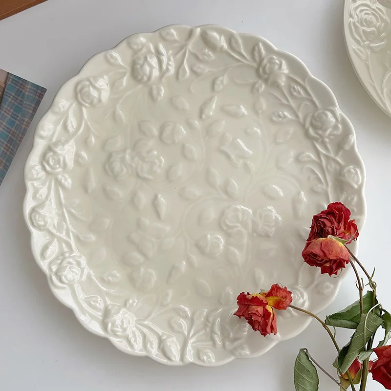 Rose Coffee Cup and Saucer Set French Small Luxury Exquisite Vintage Rose Embossed Ceramic Plate Ceramic Flower Shape Tableware