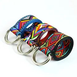 HUOBAO Fashion Rainbow Waist Belts D Ring Casual Boho Geometric Aztec Printed Jeans Canvas Belt For Women Mens