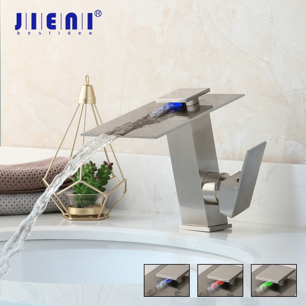 

JIENI Nickel Brushed LED Waterfall Bathroom Basin Faucet Deck Mounted Solid Brass Water Mixer Tap Faucet With Led Light