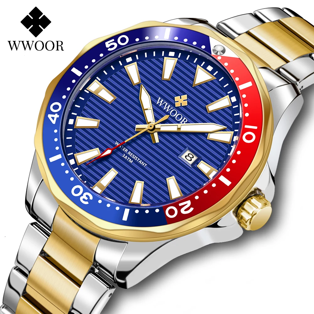 WWOOR 2024 New Luxury Gold Blue Fashion Steel Watch Men Sport Quartz Luminous Waterproof Military Wristwatches Relogio Masculino