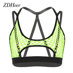Womens Hollow Out Fishnet Vest Crop Tops Halter Neck Elastic Crisscross Back Cutout Underboob Tank tops Rave Party Club Costumes
