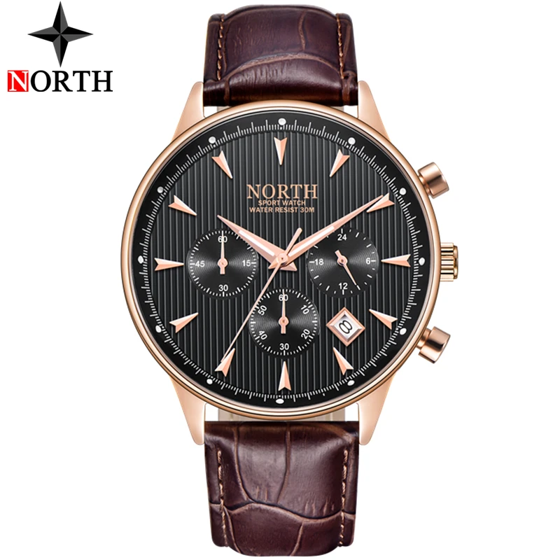 NORTH Men Watches Top Brand Luxury Fashion Quartz Watch Men Casual Leather Chronograph Analog Date Sport Watch Relogio Masculino