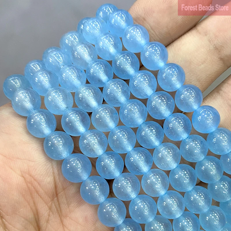 Smooth Light Blue Chalcedony Jades Natural Stone Round Beads for Jewelry Making DIY Bracelet Necklace 15