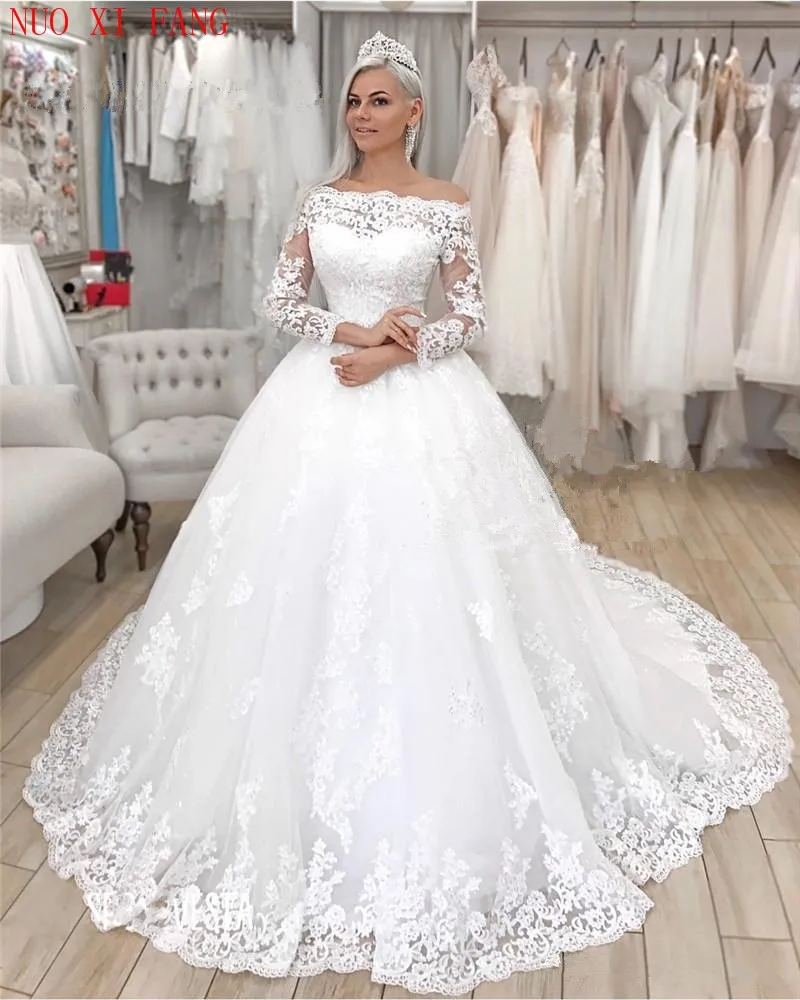 Customized Vestido de Noiva Luxury Applique Long Sleeves Wedding Dresses Sweep Train Boat Neck Off The Shoulder Bridal Gowns