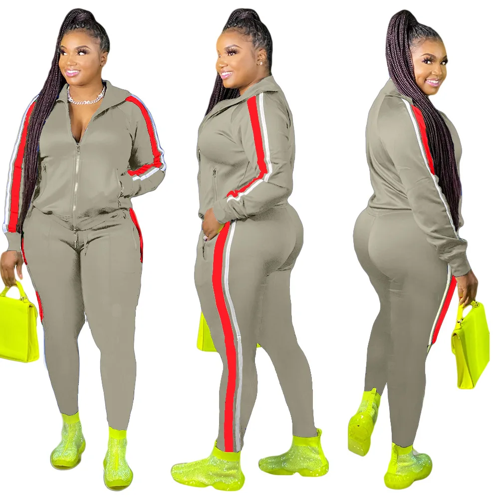 L-4XL Sport large plus size two piece set women clothing Splicing zip long sleeve top and pants suit Wholesale dropshopping