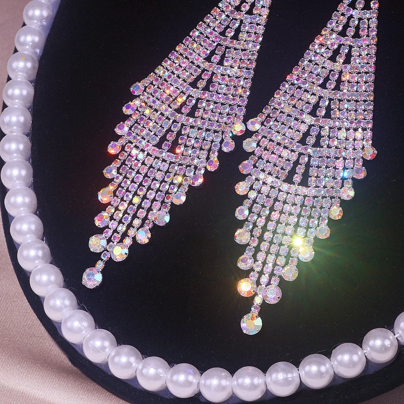 Classic Crystal Earrings Long Tassel Drop Earrings for Women Shiny Full Rhinestone Big Dangle Earrings Wedding Jewelry Gifts