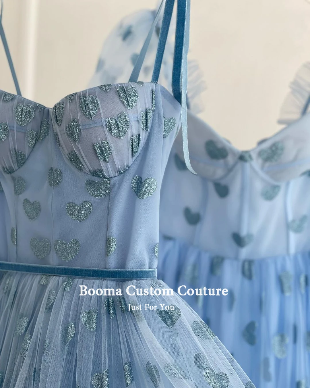 Booma Baby Blauw Stevig Tulle Prom Dresses Spaghettibandjes Sweetheart Midi Prom Jassen Thee-Lengte A-lijn Formele Party Jurken