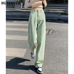 BGTEEVER Casual Spring Women Long Jeans Trousers High Waist Pockets Loose Female Wide Leg Denim Pants Ladies Floor-Length Pants