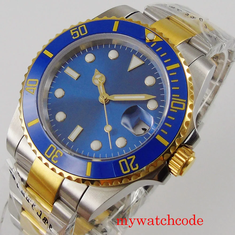 

Nologo Two Tone Gold Blue SUB Automatci Watch Men NH35 PT5000 MIYOTA 100M WATERPROOF Sunburst Blue Dial 904L Band Reloj Hombre