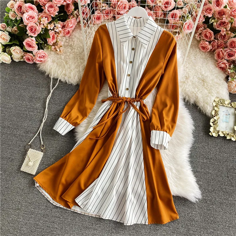 Frühling Herbst Luxus Hohe Taille Vintage Party 2022 Hemd Kleid Langarm Elegante A-Line Boho Kleider Frauen Gestreiften Patchwork