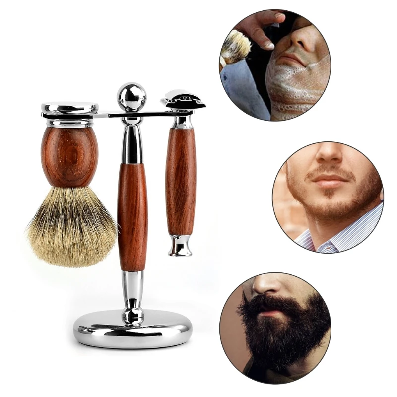 3 In 1 Men Luxury Manual Shaving Kit Beard Cleaning Brush Metal Shaver Razor Stand Holder Hair Trimmer Grooming Tool Set